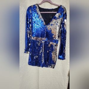HAODUOYI Glamorous Sequin Romper - Ombre Blue and silver, Size Medium